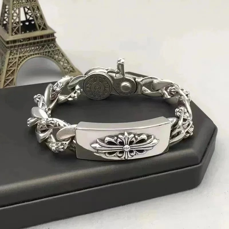 Chrome Hearts Silver Cross Filigree Biker Bracelet