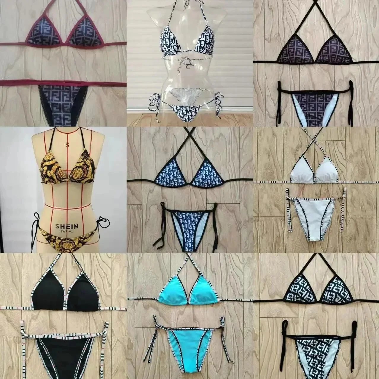 Fendi Logo Print Blue Black White Turquoise Black Gold Patterned Triangle Bikini Set
