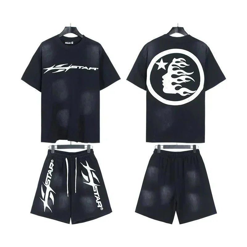 Hellstar Graphic Print Black Gray Blue Streetwear T-Shirt And Shorts Set