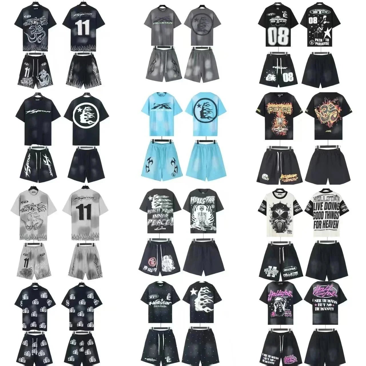 Hellstar Graphic Print Black Gray Blue Streetwear T-Shirt And Shorts Set