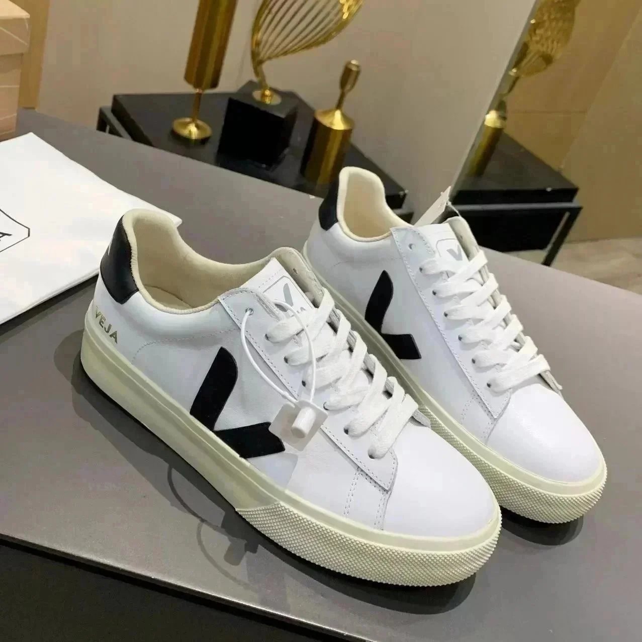 V-shaped genuine lea