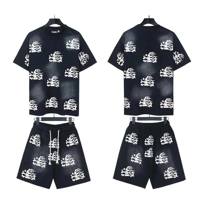 Hellstar Graphic Print Black Gray Blue Streetwear T-Shirt And Shorts Set