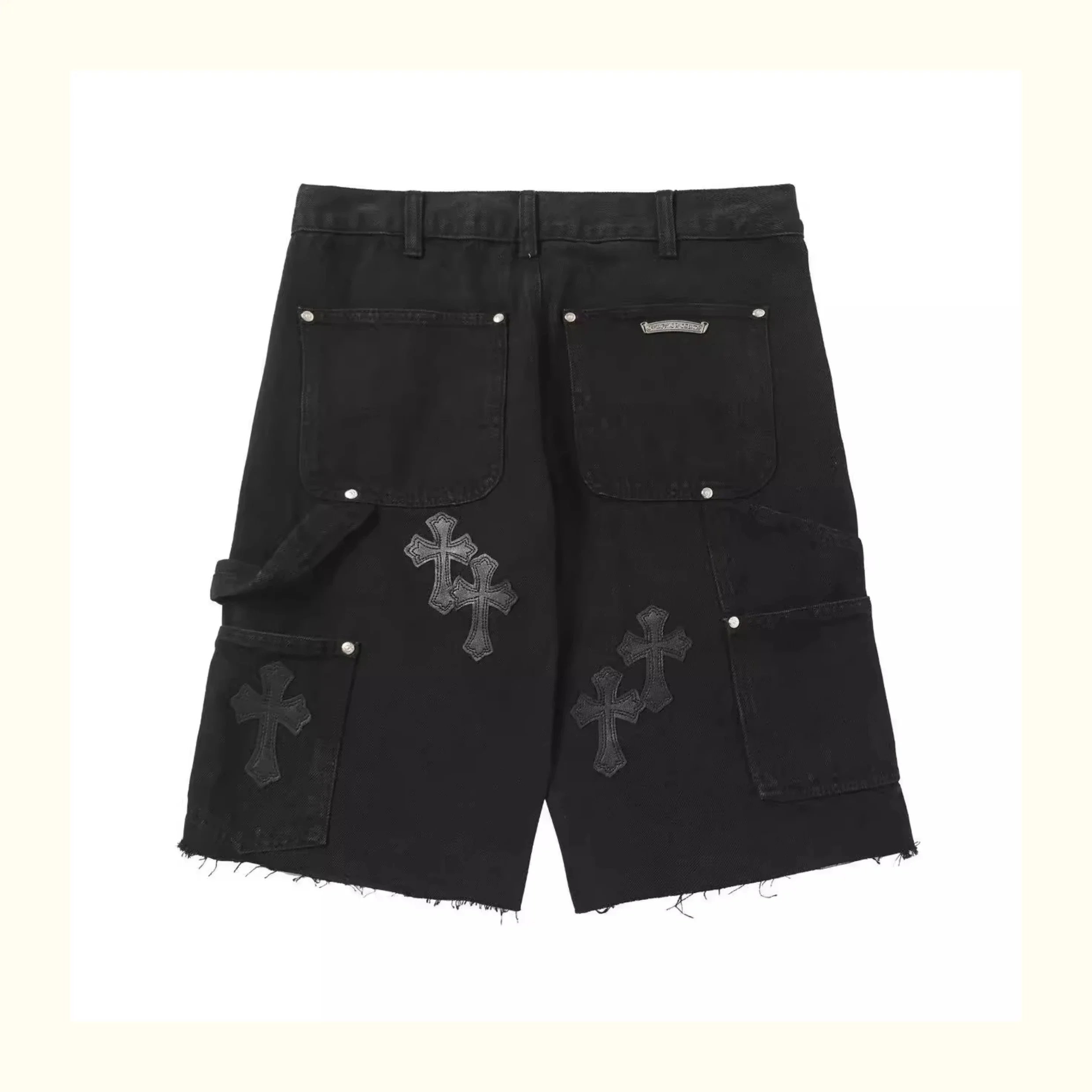 Black Denim Shorts Orange Cross Embroidery Streetwear