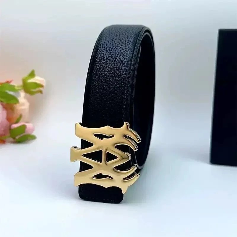Black Leather Belt with Gothic Logo Buckle Stylish Accessory