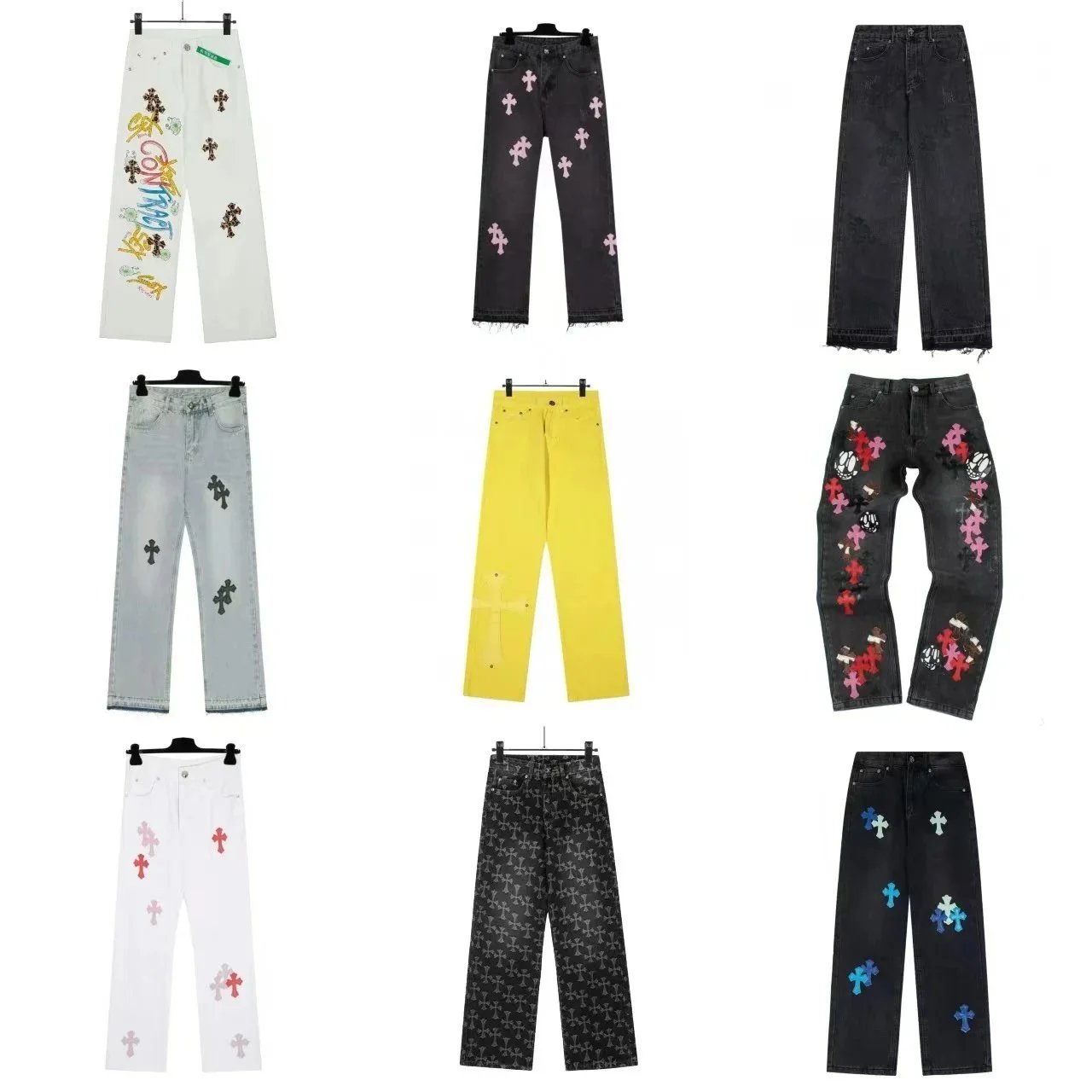 Cross Motif Embroidered Denim Jeans Assorted Colors Streetwear