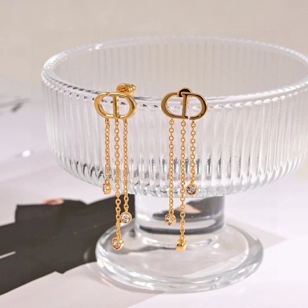 Dior CD Icon Gold Tone Crystal Drop Earrings