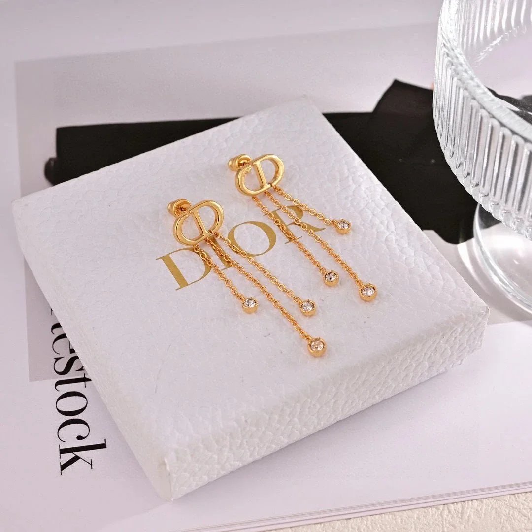 Dior CD Icon Gold Tone Crystal Drop Earrings