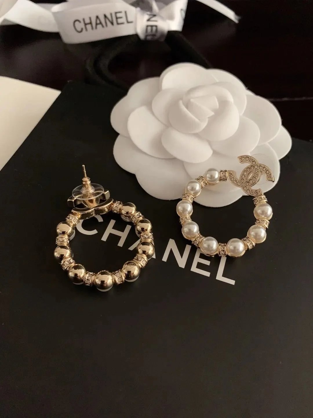 Chanel CC Logo Pearl Crystal Hoop Earrings