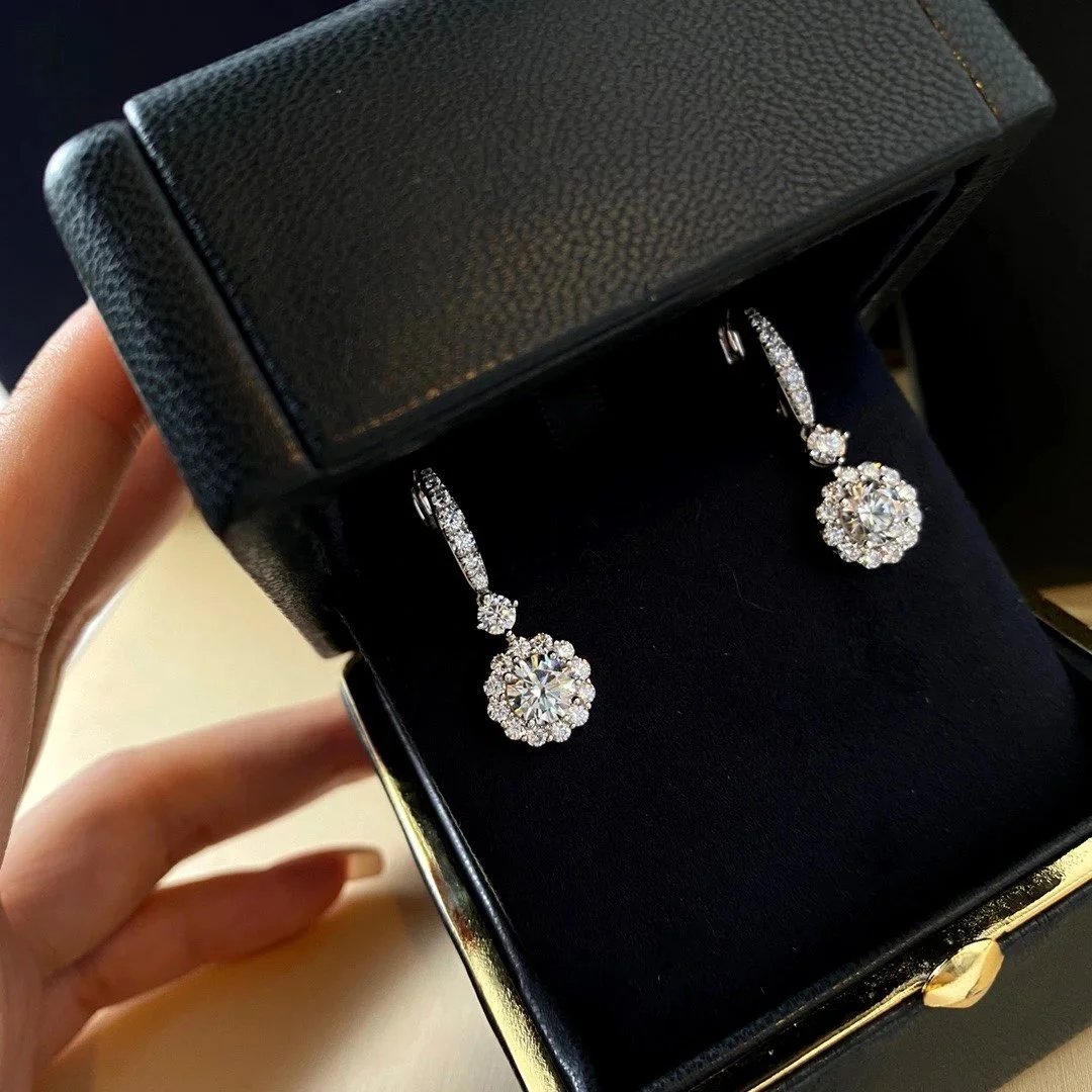 Crystal Halo Drop Earrings Silver White Floral Statement
