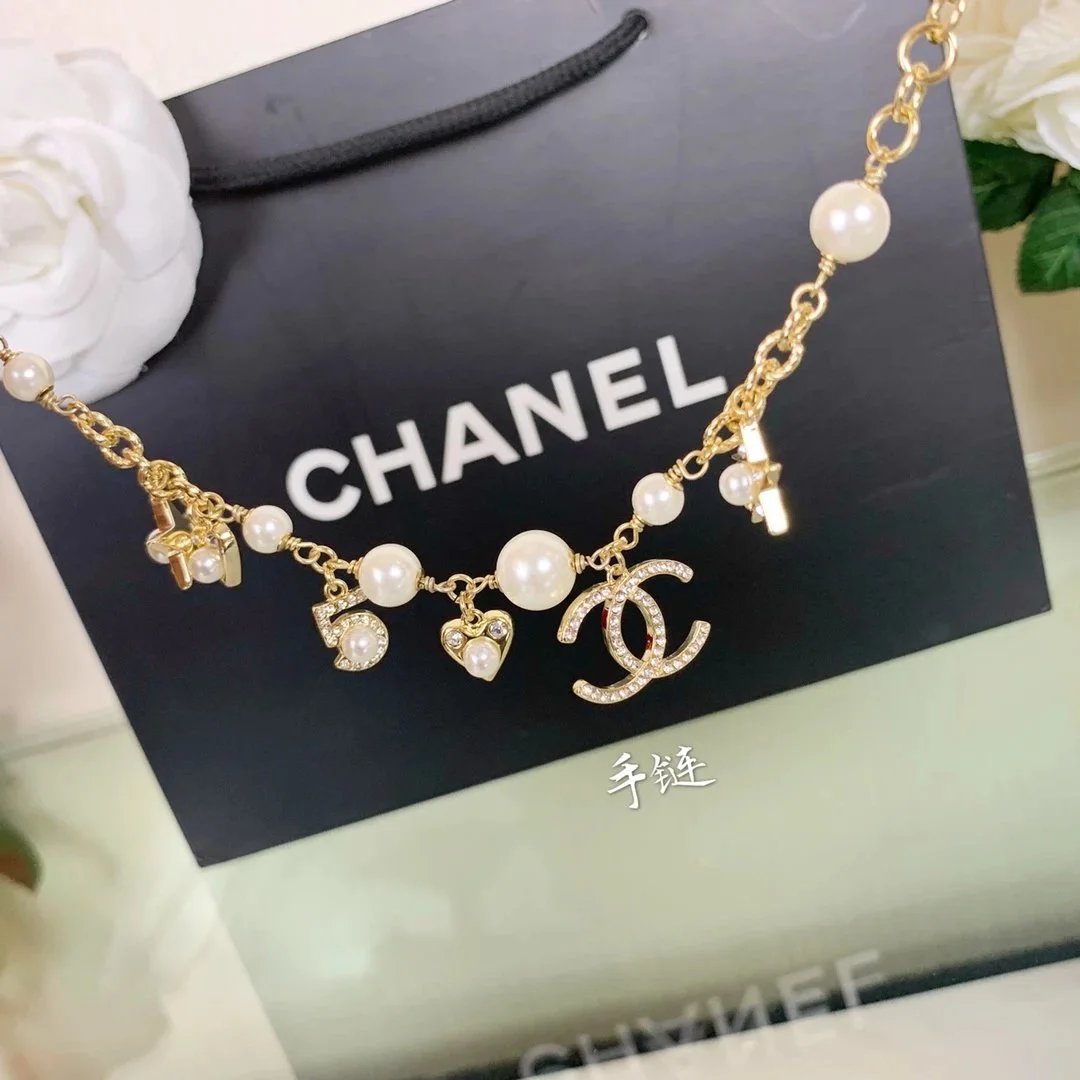 Chanel CC Logo Pearl Gold Chain Bracelet