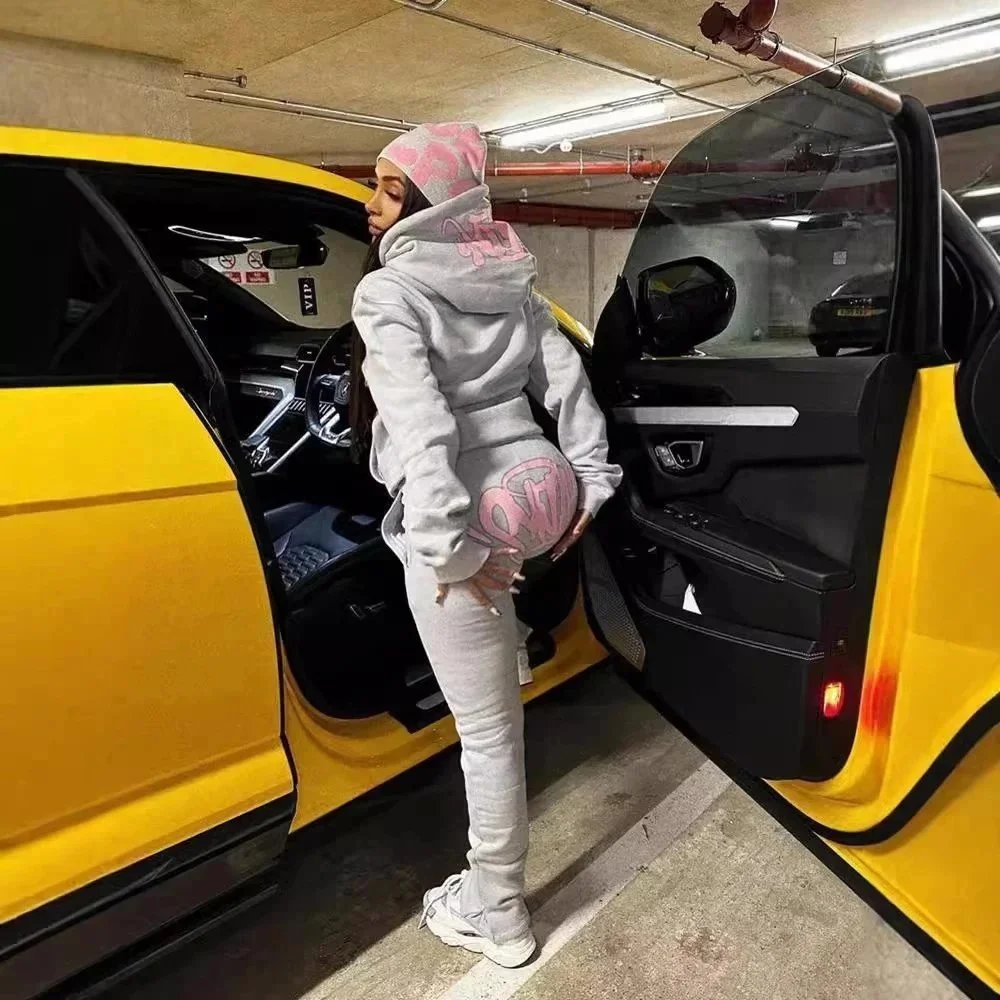Graffiti Print Hooded Sweatshirt And Jogger Set Gray Blue Olive Red Black Streetwear