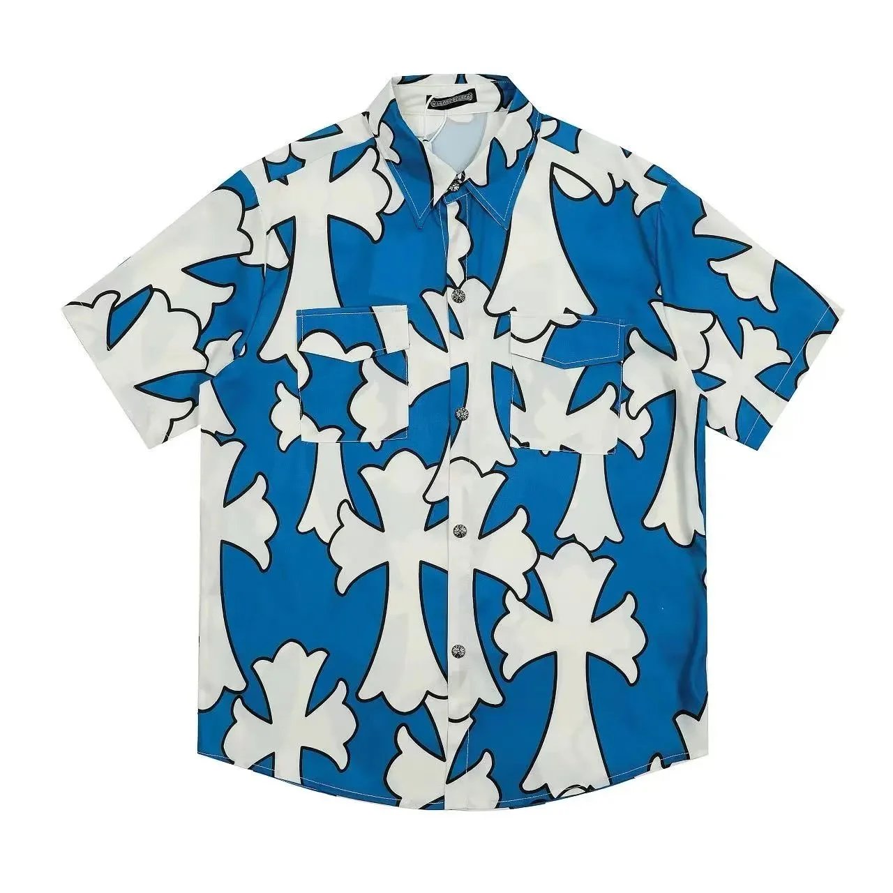 Chrome Hearts Cross Print Orange Blue Black Short Sleeve Button Up Shirt