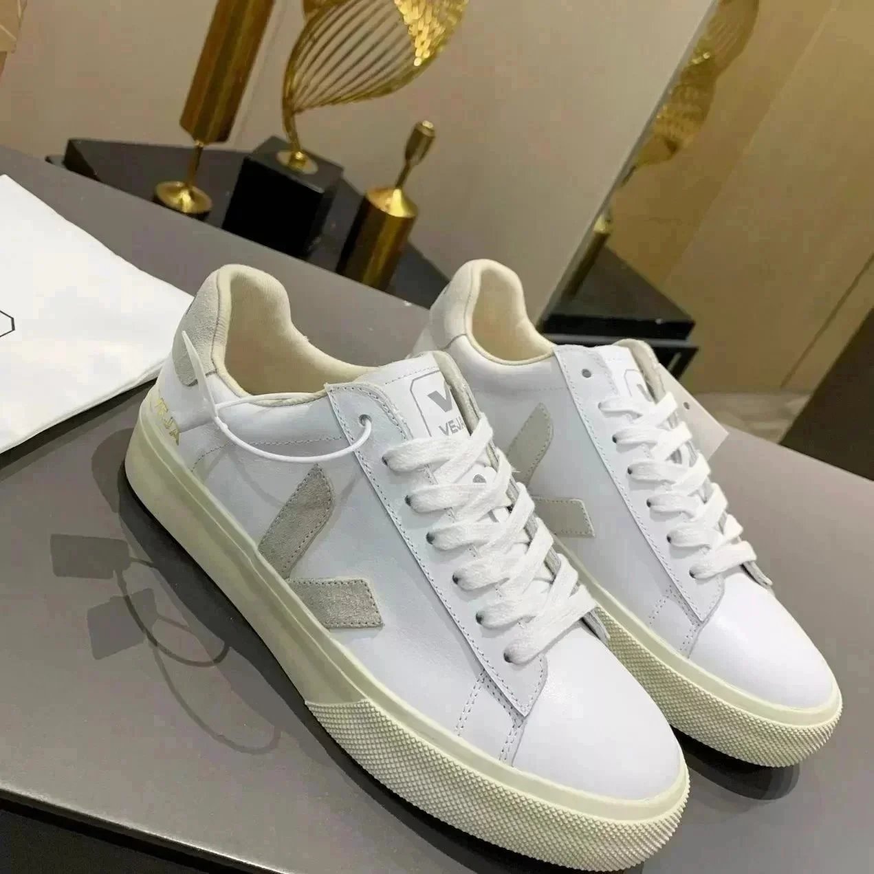 V-shaped genuine lea