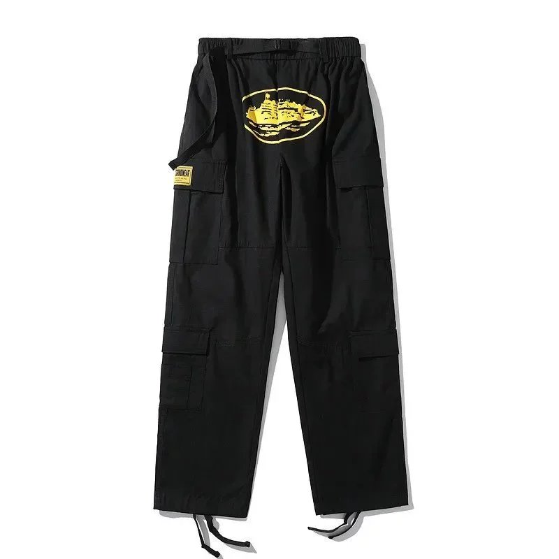 Black Cargo Pants with Yellow Graphic Patch Black