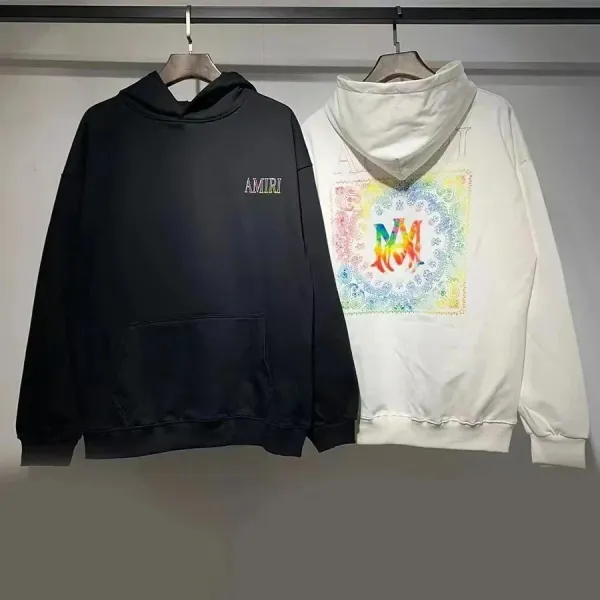 Amiri Logo Embroidery Hoodie Black and Tie-Dye Graphic Hoodie White - 1