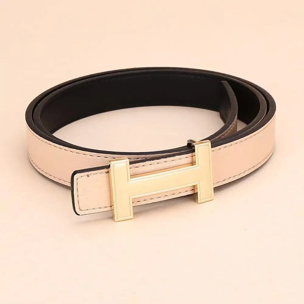 Unbranded Belts H-Buckle Leather Belt — H Gold Buckle Rice Apricot