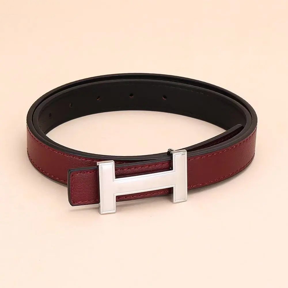 Unbranded Belts H-Buckle Leather Belt — H Silver buckle wine red