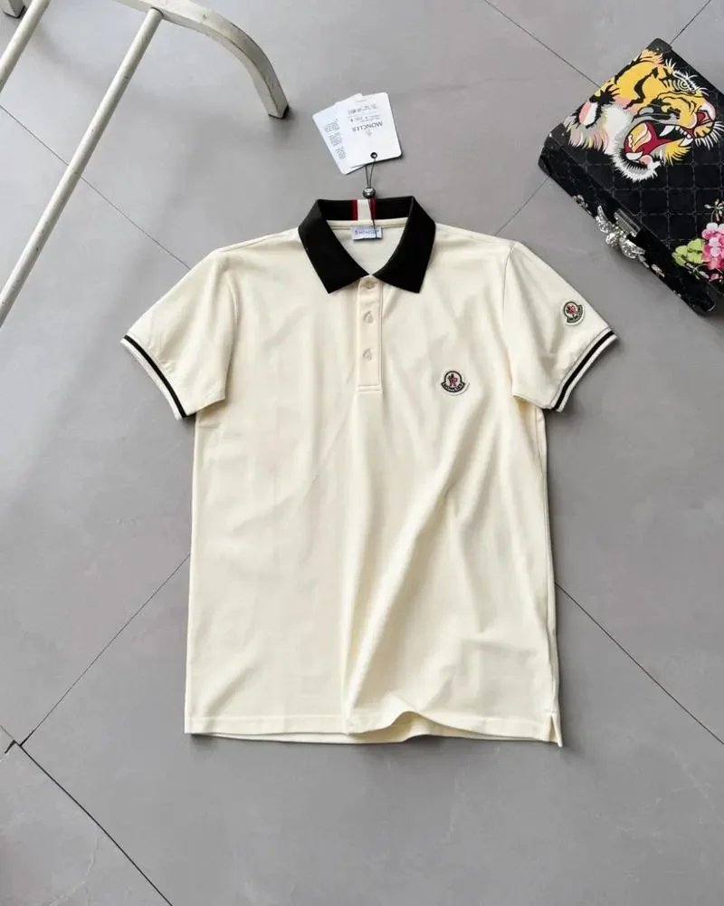 Moncler Shirts Short-Sleeve Polo Shirt with Contrast Collar and Logo Patches — Apricot color
