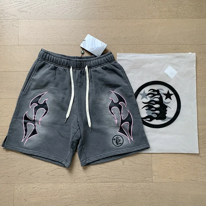 Hellstar Studios Distressed Pink-Outline Flame Print Sweat Shorts