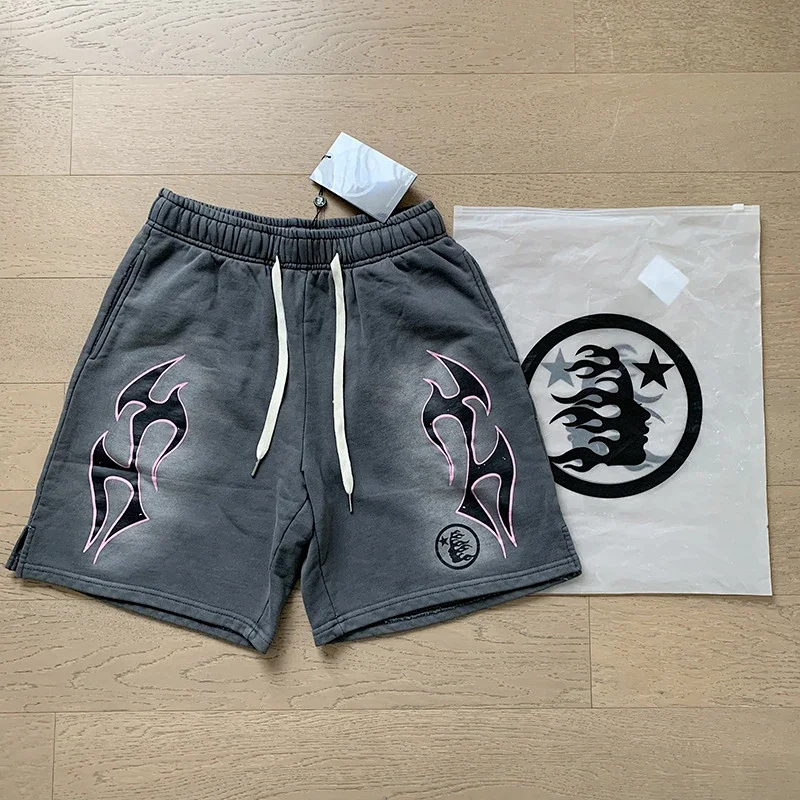 Hellstar Studios Distressed Pink-Outline Flame Print Sweat Shorts - rep Hellstar