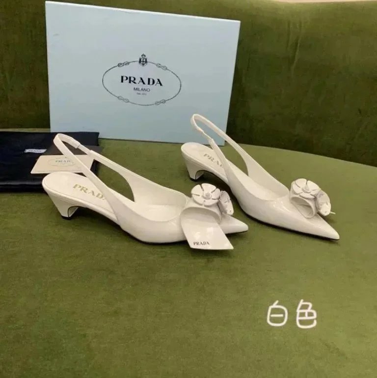 Prada Slingback Floral-Embellished Pointed-Toe Kitten Heels White