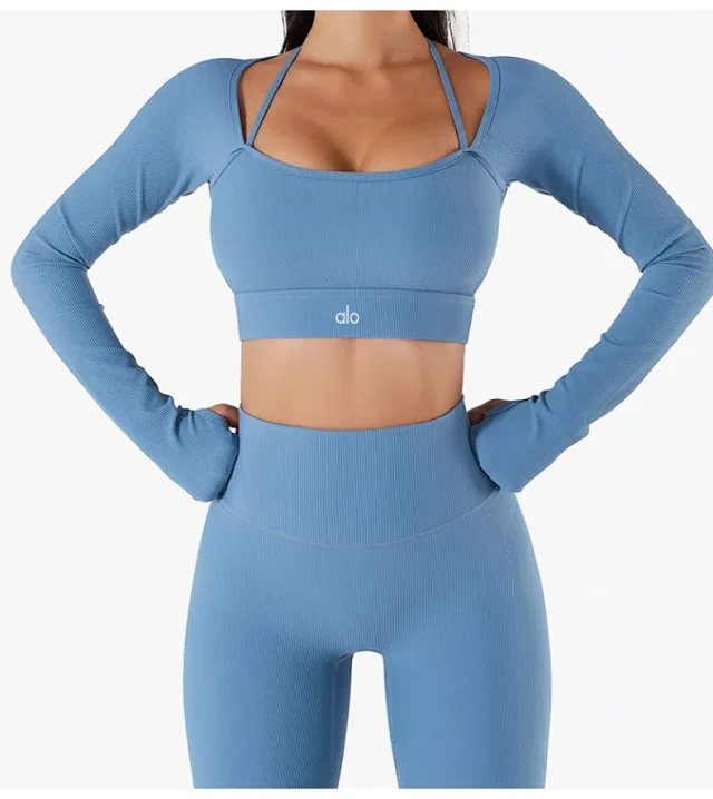 Alo Matching Sets Ribbed zip hoodie, wrap sports bra and high-waisted shorts set product detail image 13