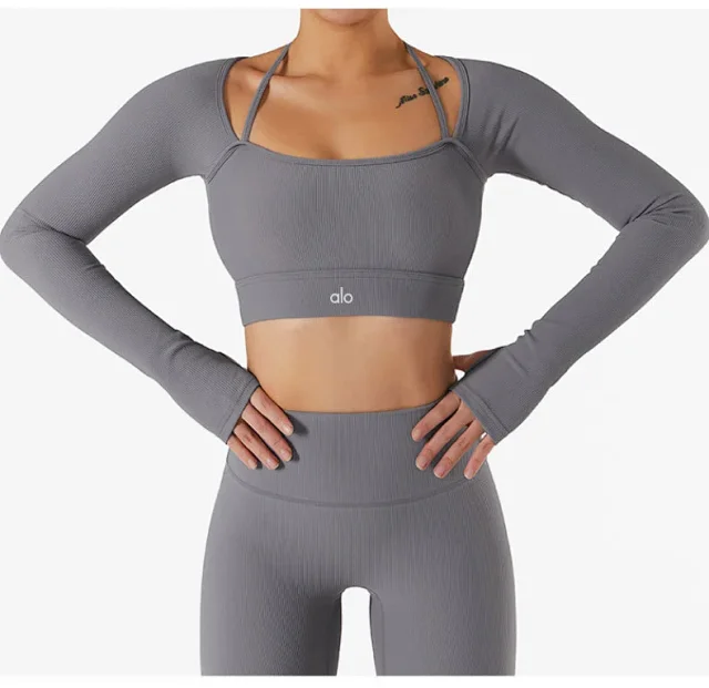 Alo Matching Sets Ribbed zip hoodie, wrap sports bra and high-waisted shorts set product detail image 18
