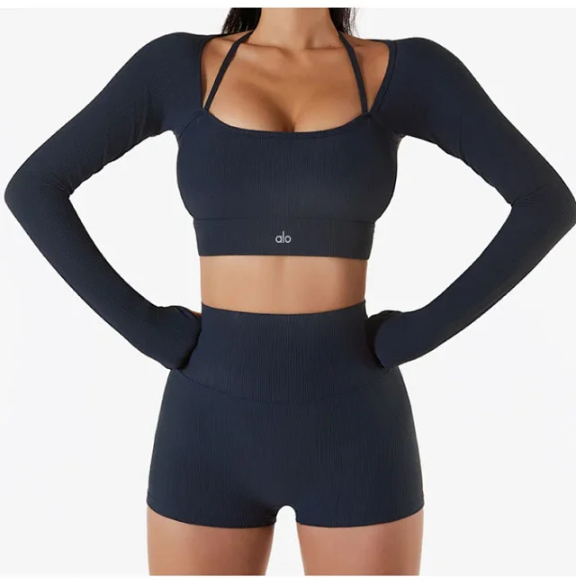 Alo Matching Sets Ribbed zip hoodie, wrap sports bra and high-waisted shorts set product detail image 20