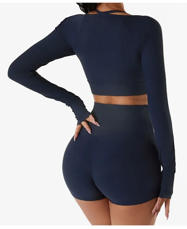 Alo Matching Sets Ribbed zip hoodie, wrap sports bra and high-waisted shorts set product detail image 22