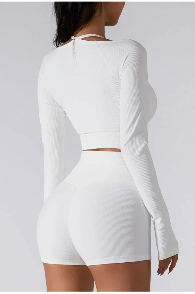 Alo Matching Sets Ribbed zip hoodie, wrap sports bra and high-waisted shorts set product detail image 11