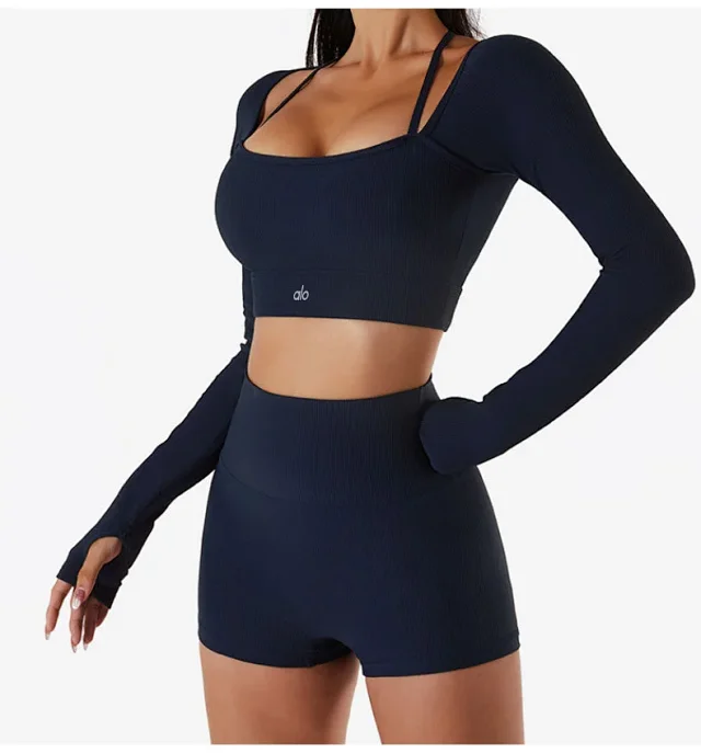 Alo Matching Sets Ribbed zip hoodie, wrap sports bra and high-waisted shorts set product detail image 21