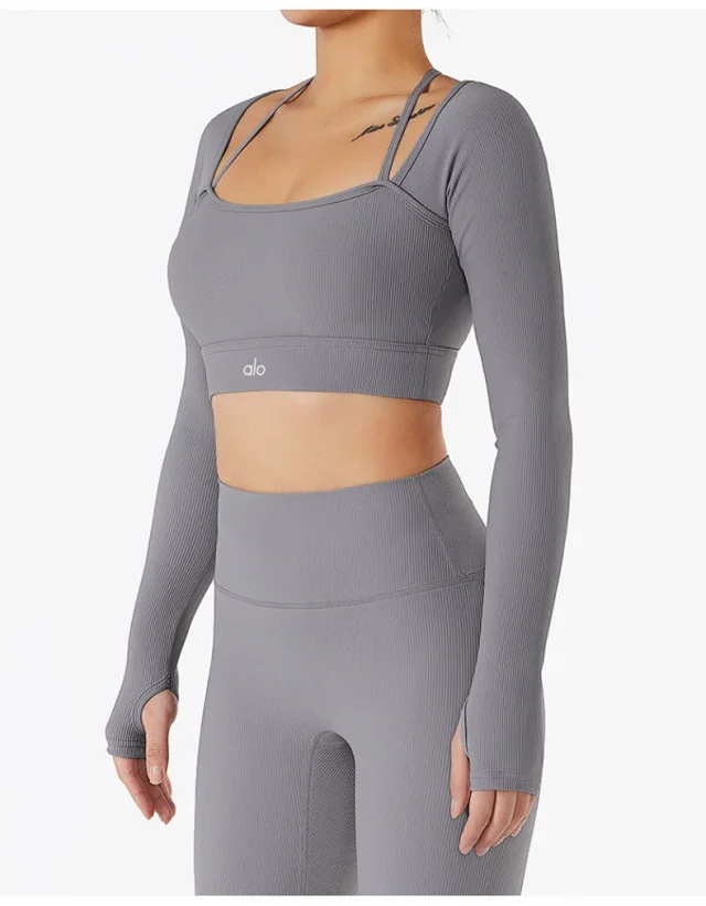 Alo Matching Sets Ribbed zip hoodie, wrap sports bra and high-waisted shorts set product detail image 16
