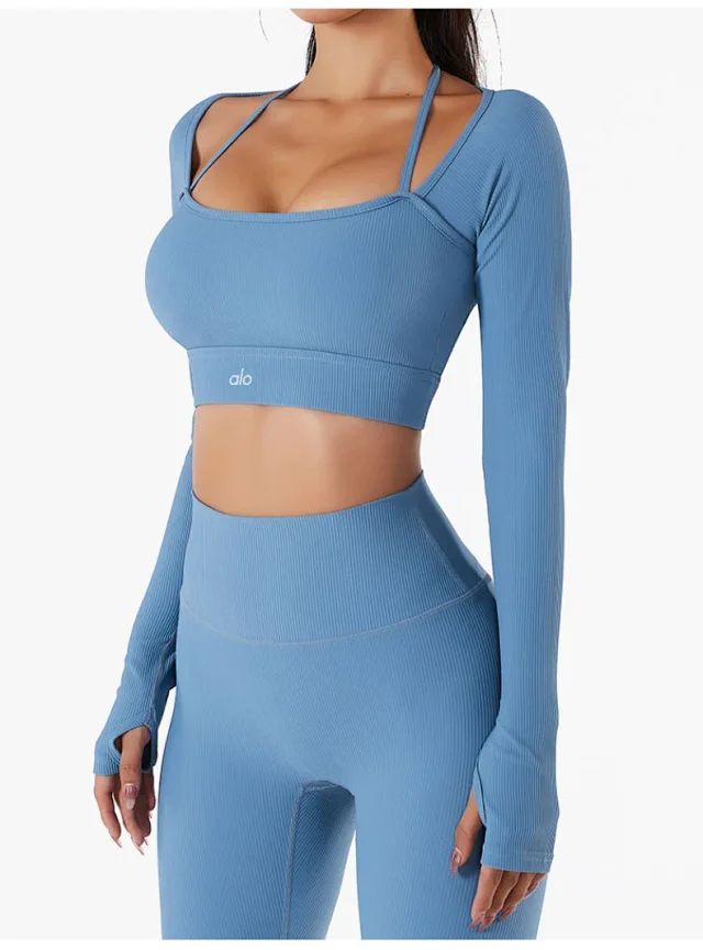 Alo Matching Sets Ribbed zip hoodie, wrap sports bra and high-waisted shorts set product detail image 14