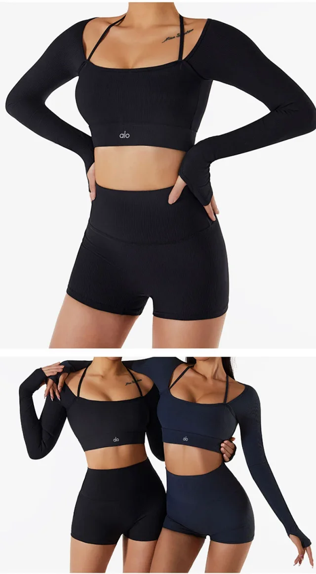 Alo Matching Sets Ribbed zip hoodie, wrap sports bra and high-waisted shorts set product detail image 23