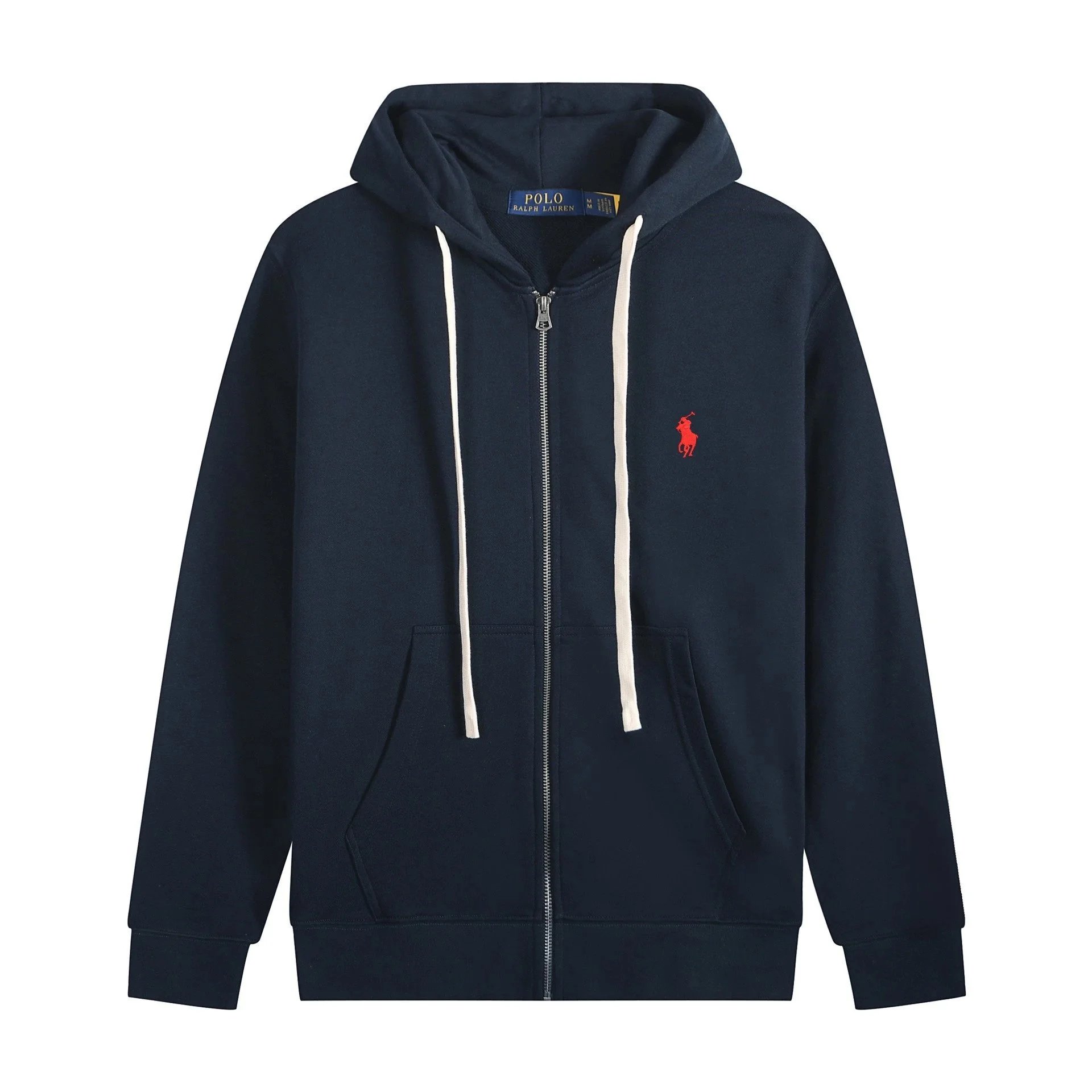Y13 · White rope zipper with navy blue and red logo