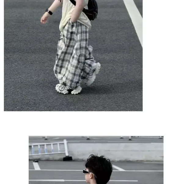 Design Sleeveless Polo Shirt with Bandana Detail, Gray Plaid Baggy Pants, and White Chunky Sneakers - 13