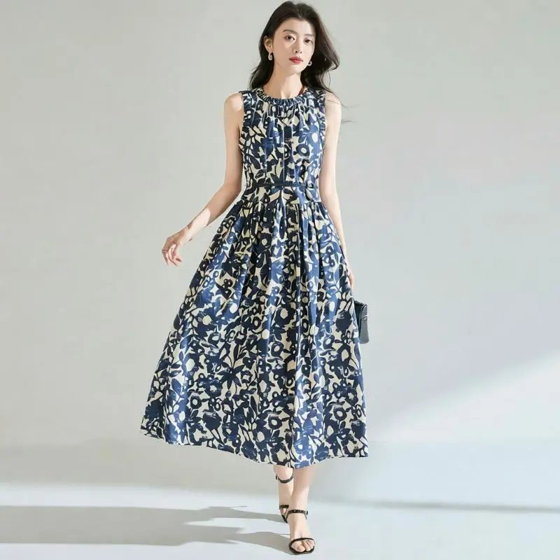 Floral Print Sleeveless Navy Blue Midi Dress