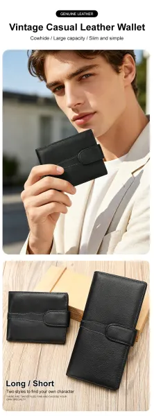 Design Classic Snap Closure Black Leather Short Wallet - 3