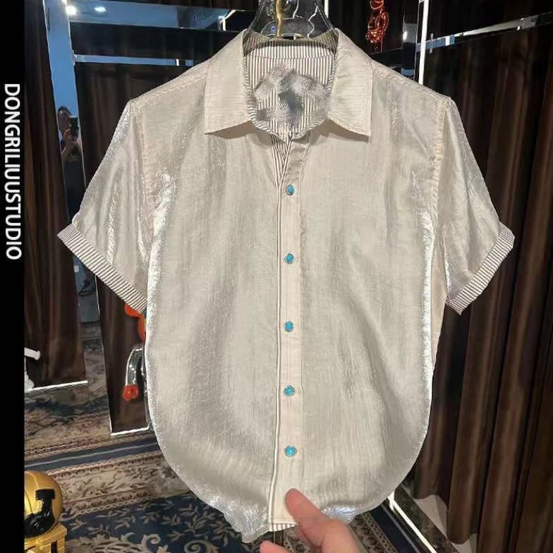 Silk Blend Short Sleeve Shirt Off White Relaxed Fit