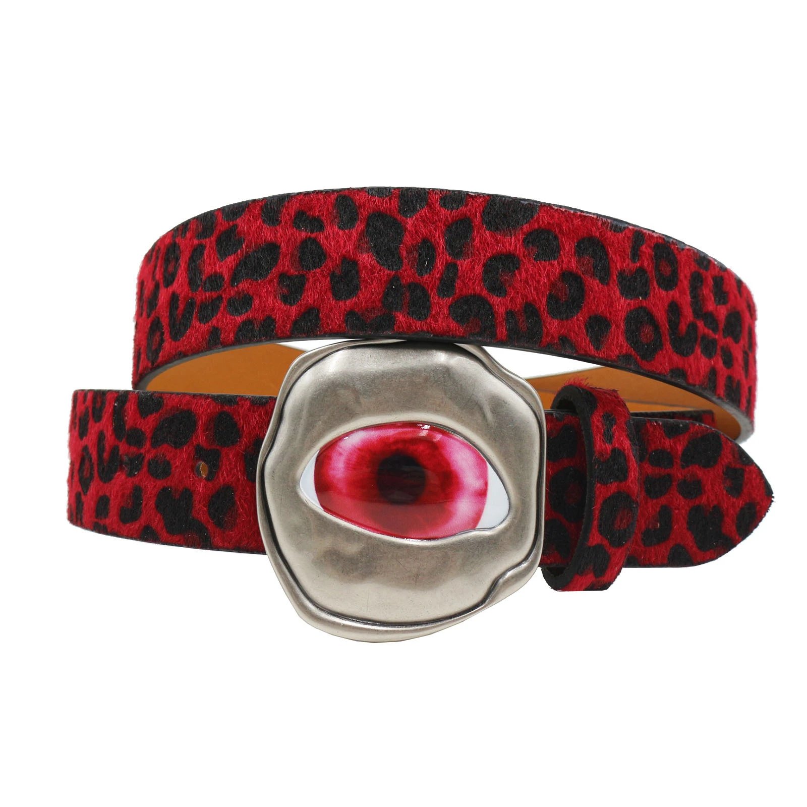 Design Eye Motif Leopard Print Belt Red