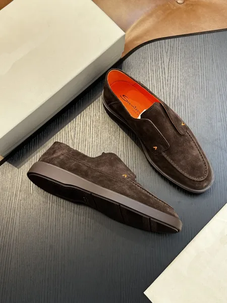 Design Santoni Loafer Slip-On Olive Green Suede with Orange Sole Casual Shoes Loafers - 39