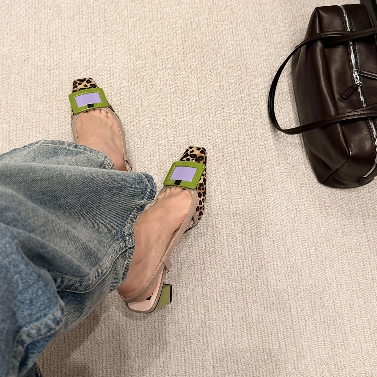 Leopard Print Slingback Block Heel with Lime Green Buckle Shoes
