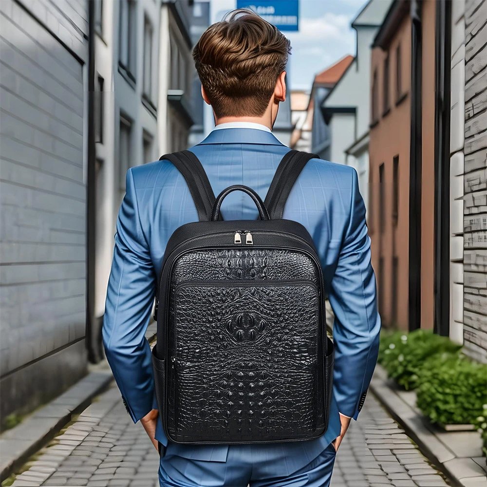 Crocodile Texture Black Leather Business Backpack