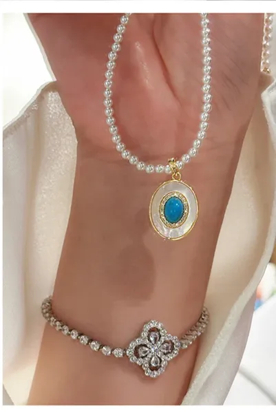 Design Pearl Necklace with Turquoise and Mother-of-Pearl Pendant Gold-Tone Jewelry - 9