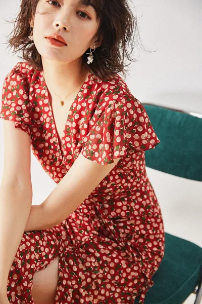 Design Red Floral Wrap Maxi Dress with Ruffle Sleeves Dress - 20
