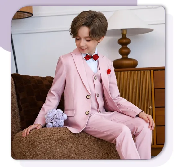 Design Six-Piece Formal Suit Set Gray with White Shirt and Red Bow Tie - 27