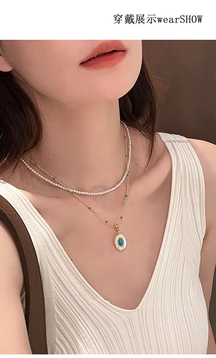 Design Pearl Necklace with Turquoise and Mother-of-Pearl Pendant Gold-Tone Jewelry - 12