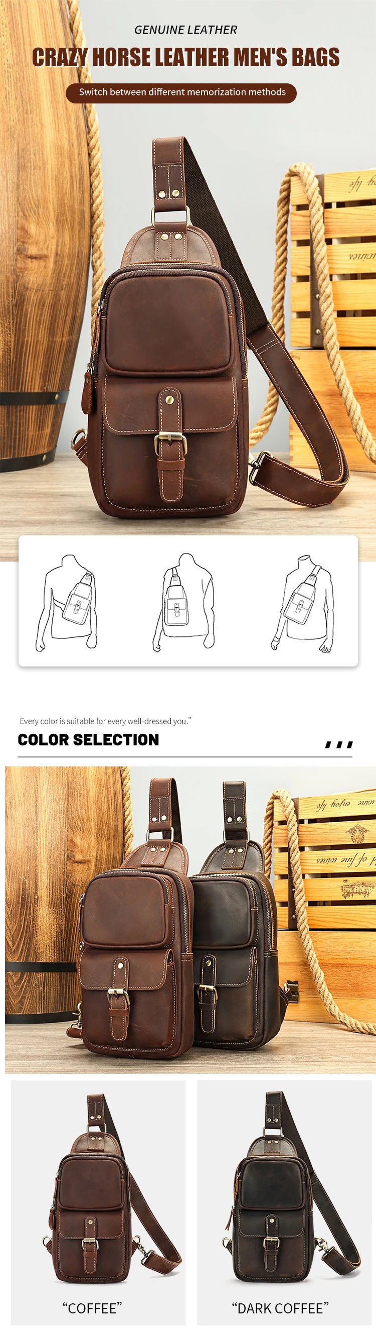 Design Vintage Leather Chest Bag Brown Crossbody Bags - 3