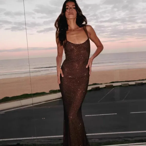 Design Mesh Sequin Gown Brown Evening Dress Dress.formal Dress - 1