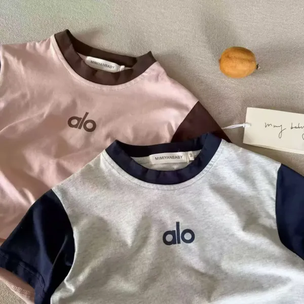 Alo Yoga Color-Block Logo T-Shirt and Shorts Set Pink / Brown - 7